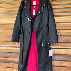 Avec Les Filles Black Leather Trench Coat with Red Lining